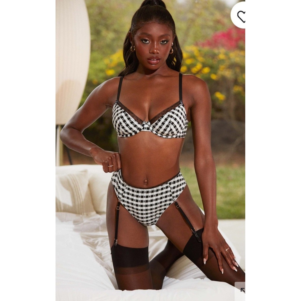 Savage X Fenty Gingham Garter Brief‎ Black White Check Lace Trim Lingerie Panty